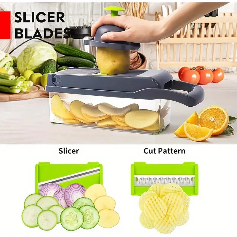 16-in-1 Multifunctional Manual Vegetable Chopper and Fruit Slicer Set with Container - Perfect for Onions, Carrots, Garlic & More - Durable ABS Plastic Kitchen Gadget with Drain Basket