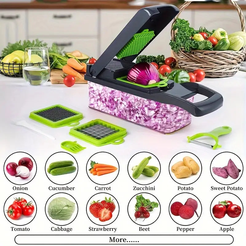 16-in-1 Multifunctional Manual Vegetable Chopper and Fruit Slicer Set with Container - Perfect for Onions, Carrots, Garlic & More - Durable ABS Plastic Kitchen Gadget with Drain Basket