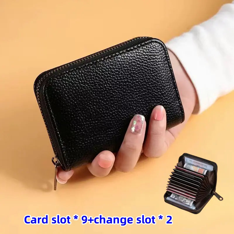 High-End Black Faux Leather Wallet for Men & Women - RFID Blocking, 11 Card Slots, Ultra-Thin Large Capacity, Anti-Demagnetization ID Holder with Zipper Closure, Card Holder Wallet