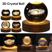 3D Galaxy Crystal Ball Night Lamp,Creative Engraved Crystal Ball Night Light, USB Table LED Wooden Crystal Ball