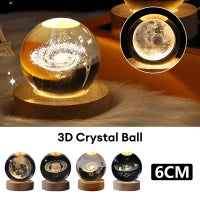 3D Galaxy Crystal Ball Night Lamp,Creative Engraved Crystal Ball Night Light, USB Table LED Wooden Crystal Ball