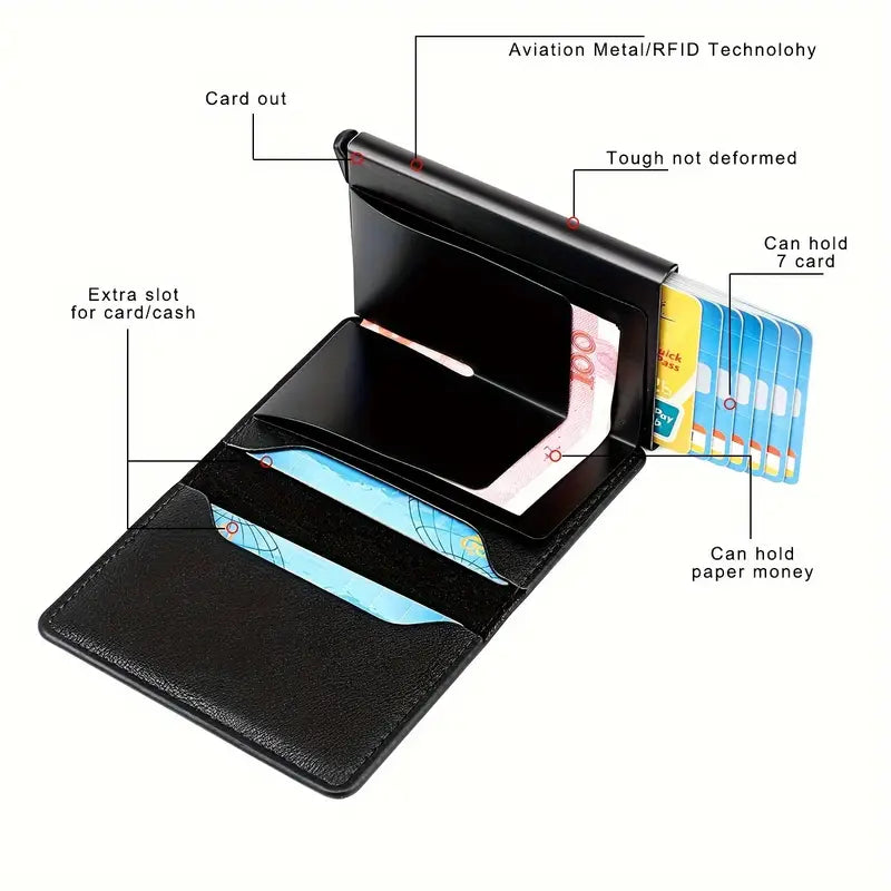 Credit Card Holder New Aluminum Case Card Wallet RFID PU Leather Pop Up Card Case Coin Purse Card Holder